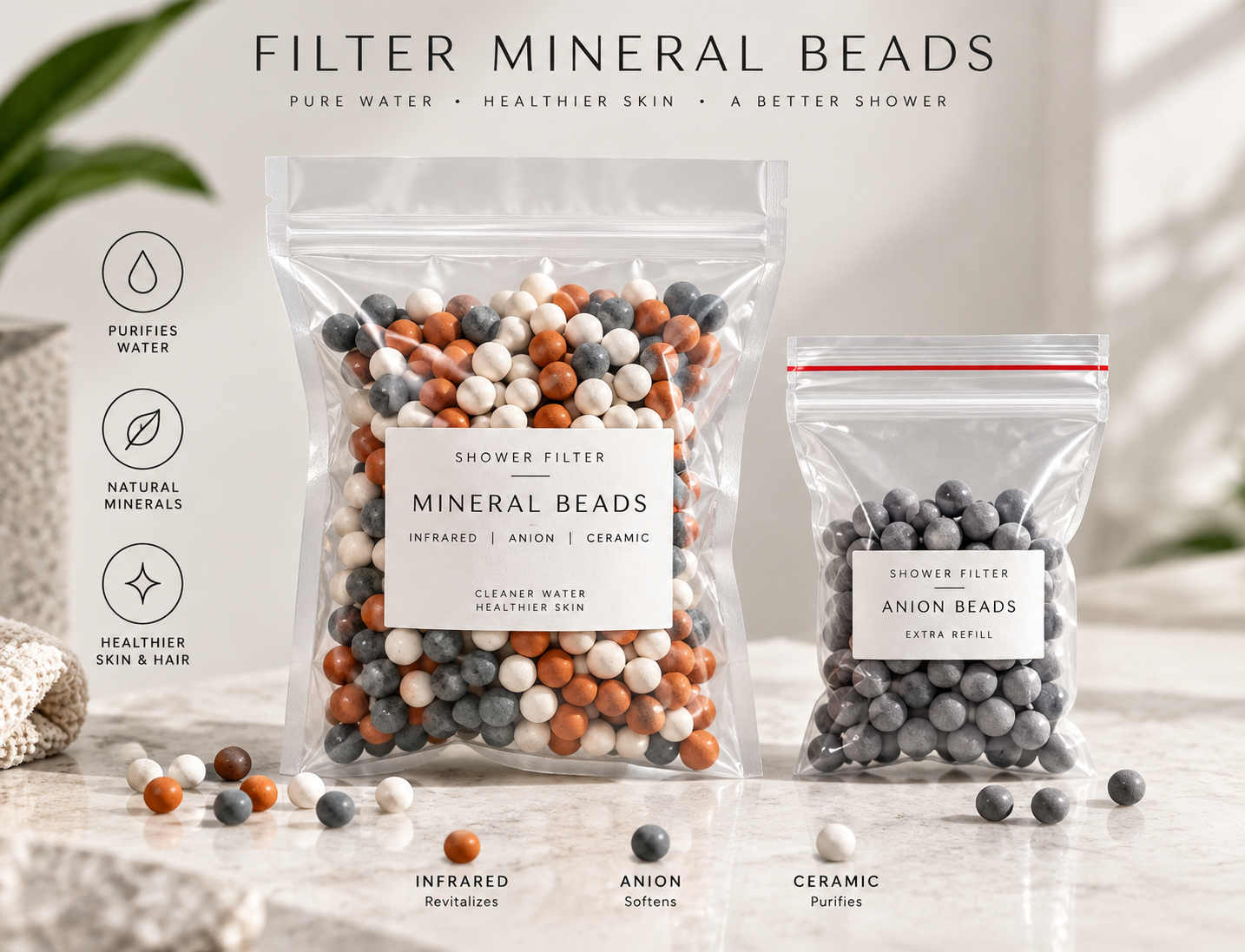 Two clear bags containing mixed orange, white and gray mineral beads
